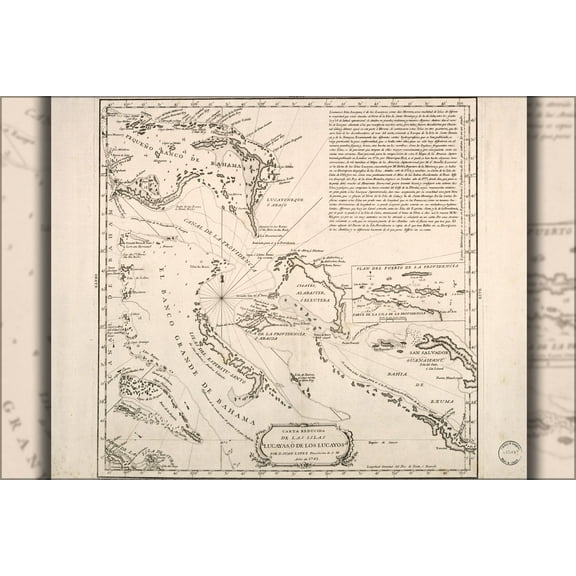 24"x36" Gallery Poster, map of Bahamas bahama islands 1782