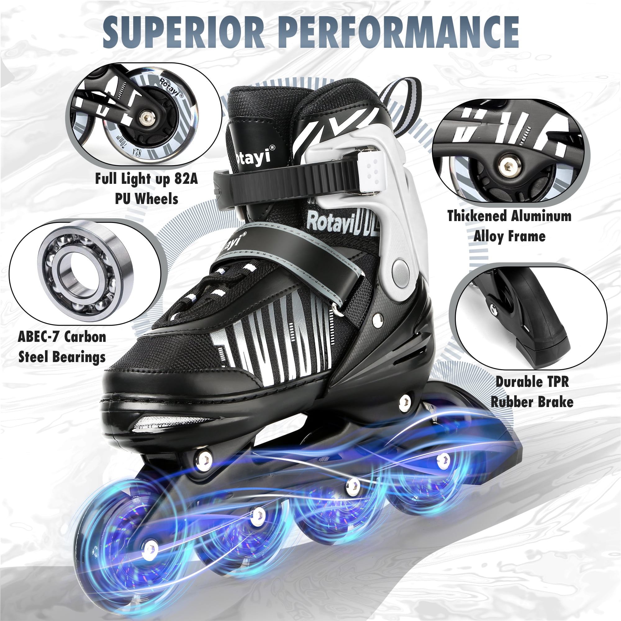 TaroKitc Adjustable Inline Skates for Kids and Adult, Girls, Boys with All Light up Wheels, White(Size 5-8)