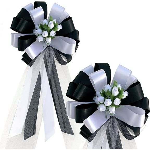 Black and White Wedding Pull Bows with Tulle Tails and Rosebuds - 8" Wide, Set of 6, Wedding Pew Bows, Aisle Decoration. Reception, Anniversary