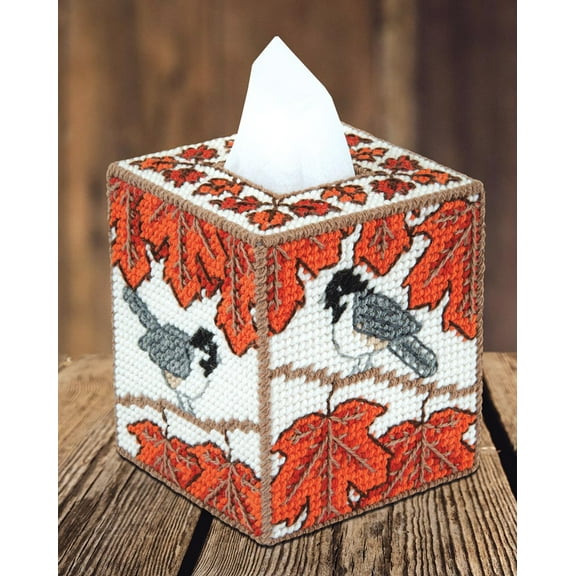 Fall Chickadee Plastic Canvas Tissue Box Cover Kit