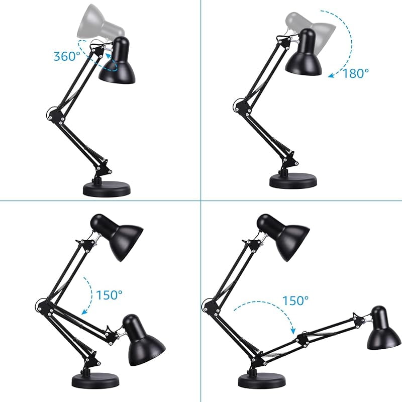 Metal Desk Lamp with Clamp, Swing Arm, Architect Adjustable Gooseneck Table Lamp, Clip Desk Lights for Home Office, Work, Study, Reading, E26 Base, Multi-Joint, Black
