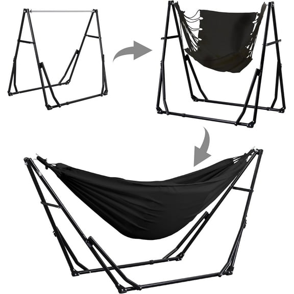 3 in 1 Hammock with Stand, Outdoor Hammock Swing Chair with Portable Heavy Duty Stand, Multi-Functional Hammock Stand 480 lbs Weight Capacit-Black