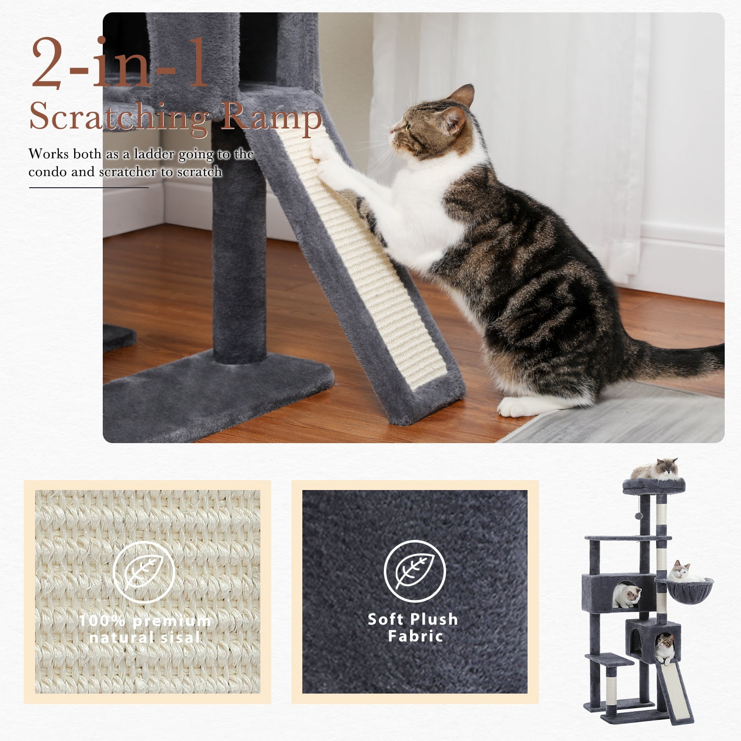 PEQULTI 61" Modern Cat Tree Large Cat Tower with Ladder and Dual Condos Indoor Dark Gray
