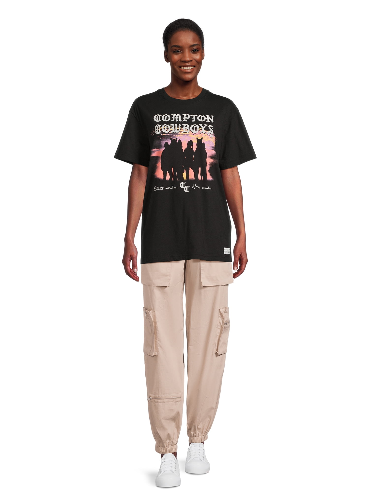 Compton Cowboys Sunset Women's Juniors Graphic Tee with Short Sleeves, Sizes XS-XXXL