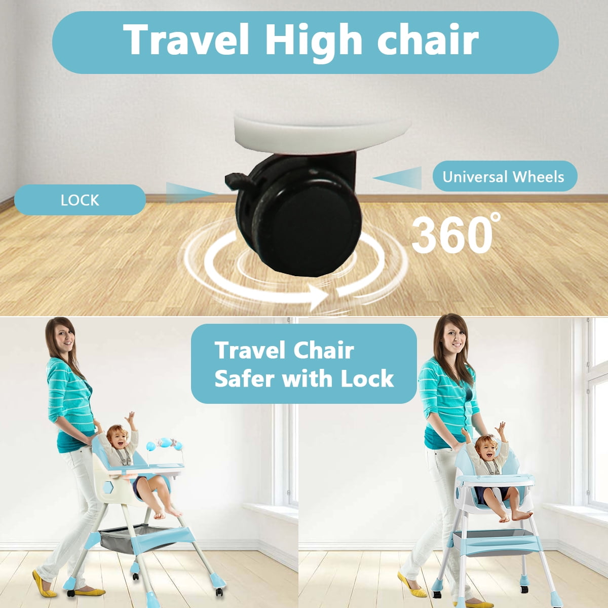 Liyufly 4-in-1 Baby Highchair Adjustable Kid Toddler Dining Chairs Eat & Grow Convertible Chair with 5-Point Harness, Dinner Plate, Light Blue