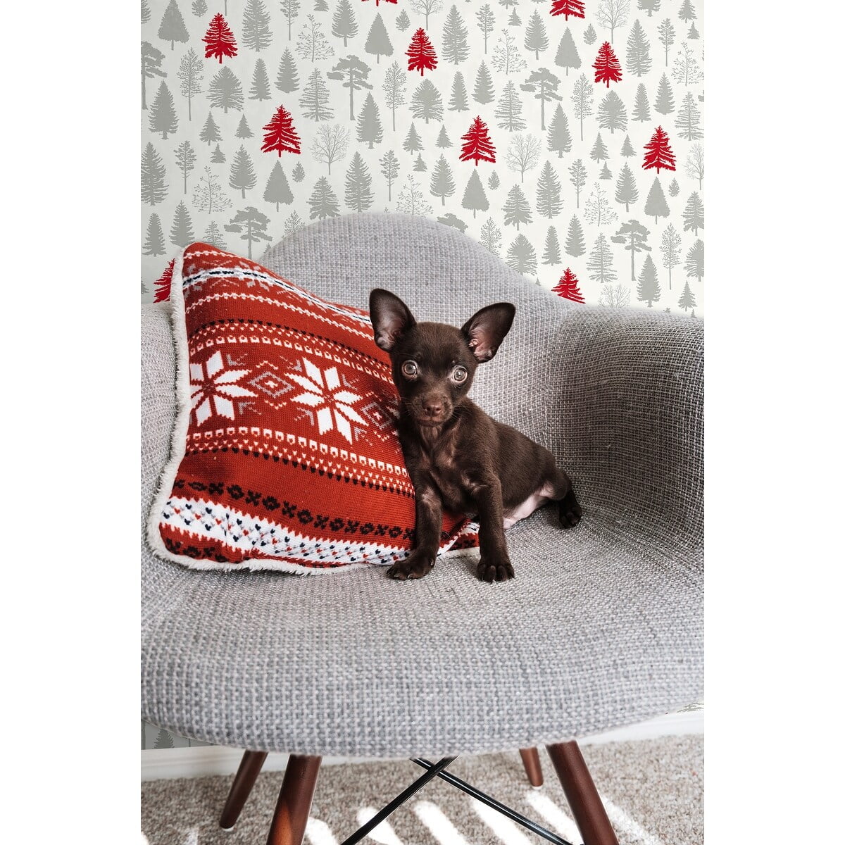 NextWall  Winter Forest Christmas Peel and Stick Wallpaper Grey & Red