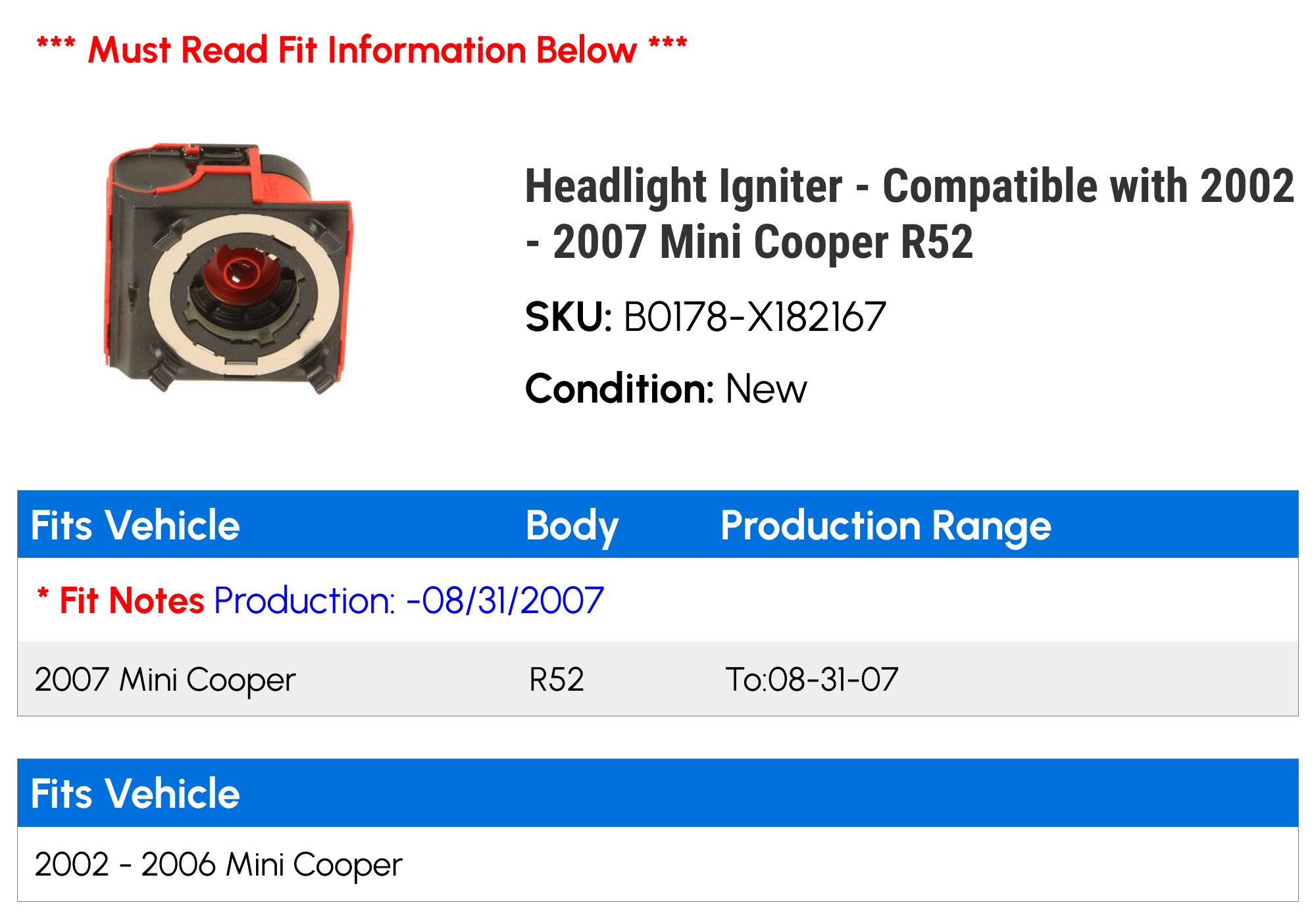 HID Xenon Headlight Ballast Control Unit – For 2002-2006 Mini Cooper 1.6L, 1307329064, UPC 727542423332
