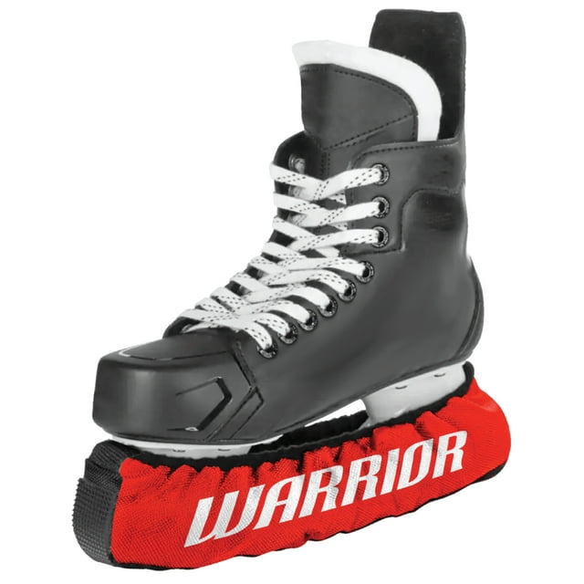 Warrior Trempettes de Patin Renforcées pour Jeunes en Rouge Ajustées sur un Patin de hockey pour Jeunes Noir avec Lacets Blancs, Dotées d'Un Tissu durable et Résistant à l'Humidité et d'Une Bande de Roulement en Caoutchouc pour Protéger les Lames des Égratignures et de la Rouille, Conçues pour les Tailles Y8 à Y13 et Adaptées à la Marche hors Glace.
