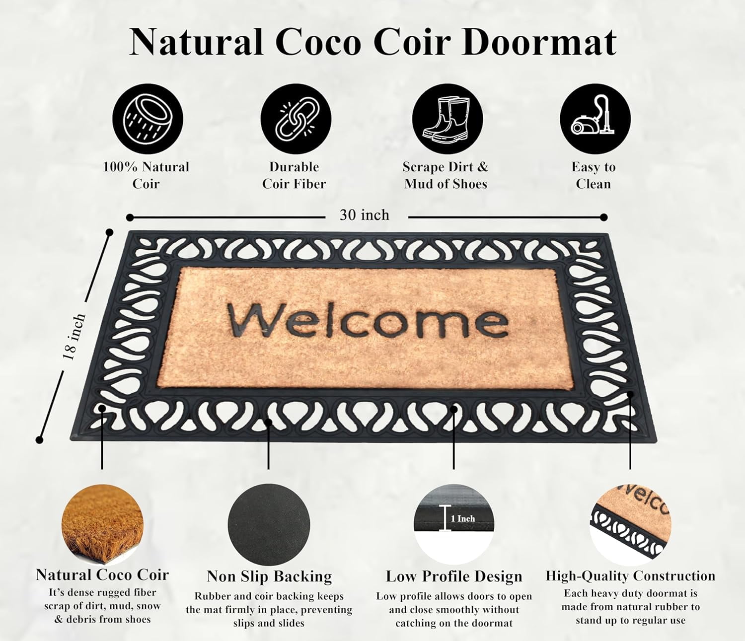 A1HC Rubber and Coir Paisley Border Beautifully Design Welcome Doormat for Outdoor Indoor Entrance Mat 18"X30", Black/Beige
