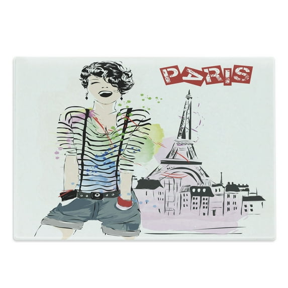 Eiffel Tower Cutting Board, Sketch of Laughing Girl in Front of Eiffel Tower Paris Happiness Stain, Decorative Tempered Glass Cutting and Serving Board, Large Size, Multicolor, by Ambesonne