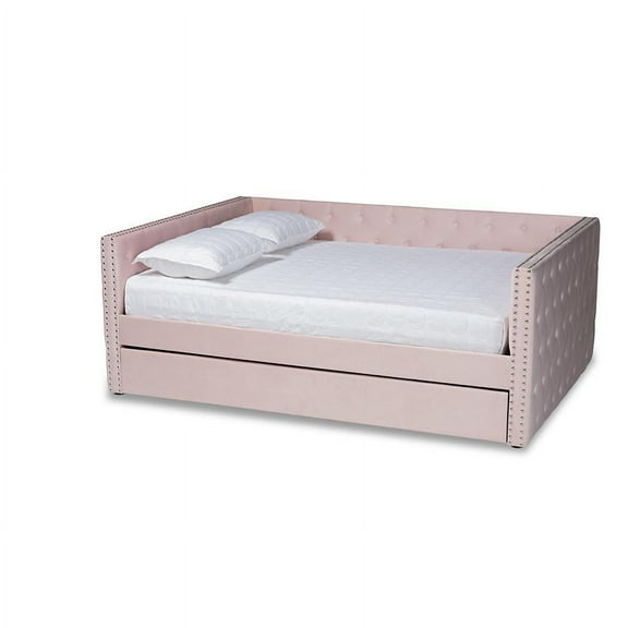Baxton Studio Pink Velvet Fabric Upholstered Queen Size Daybed with Trundle