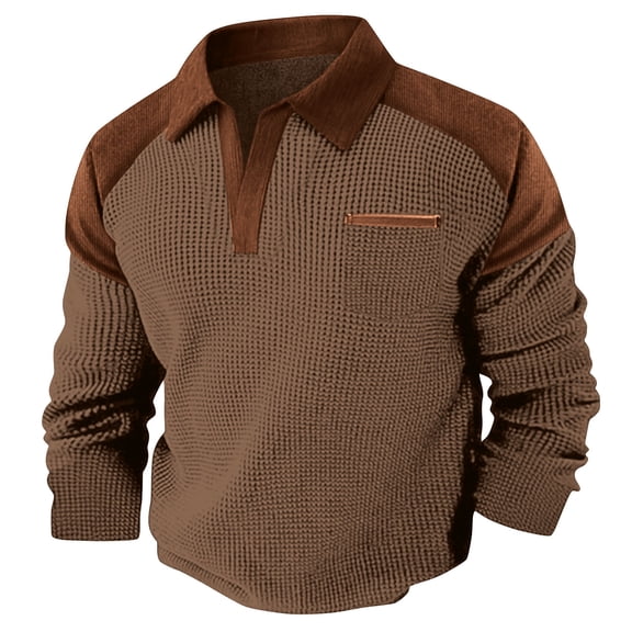 Mens Waffle Spring Clothes, Long Sleeve Shirts for Men Casual Vintage Solid Color Lapel V Neck T-Shirts with Pockets