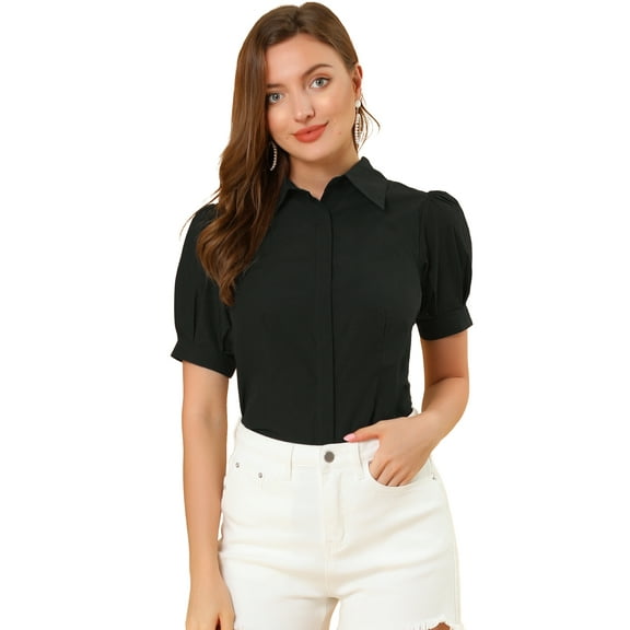DARING DIVA Women's Puff Sleeve Point Collar Essential Office Shirt XS Black