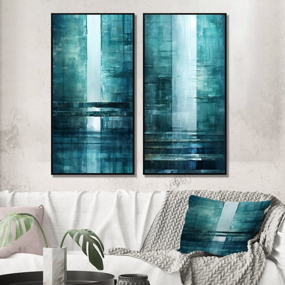 Designart "Turquoise Riverside Door to the Other Side II" Abstract Collages Framed Wall Art Set Of 2 - Transitional Turquoise Framed Canvas Set For Living Room Decor