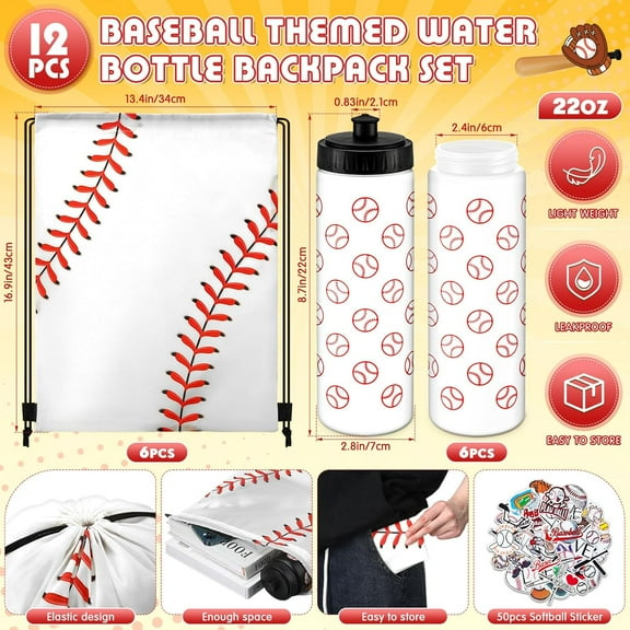 12 Pcs 20 Oz Baseball Water Bottles with Drawstring Bag & 50 Sticker Set for Sports, Gym, Party, Gifts