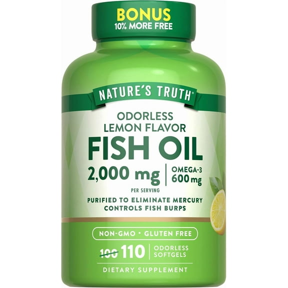 Odorless Fish Oil 2000mg | 110 Softgels | Omega 3, Burpless Supplement | by Nature's Truth