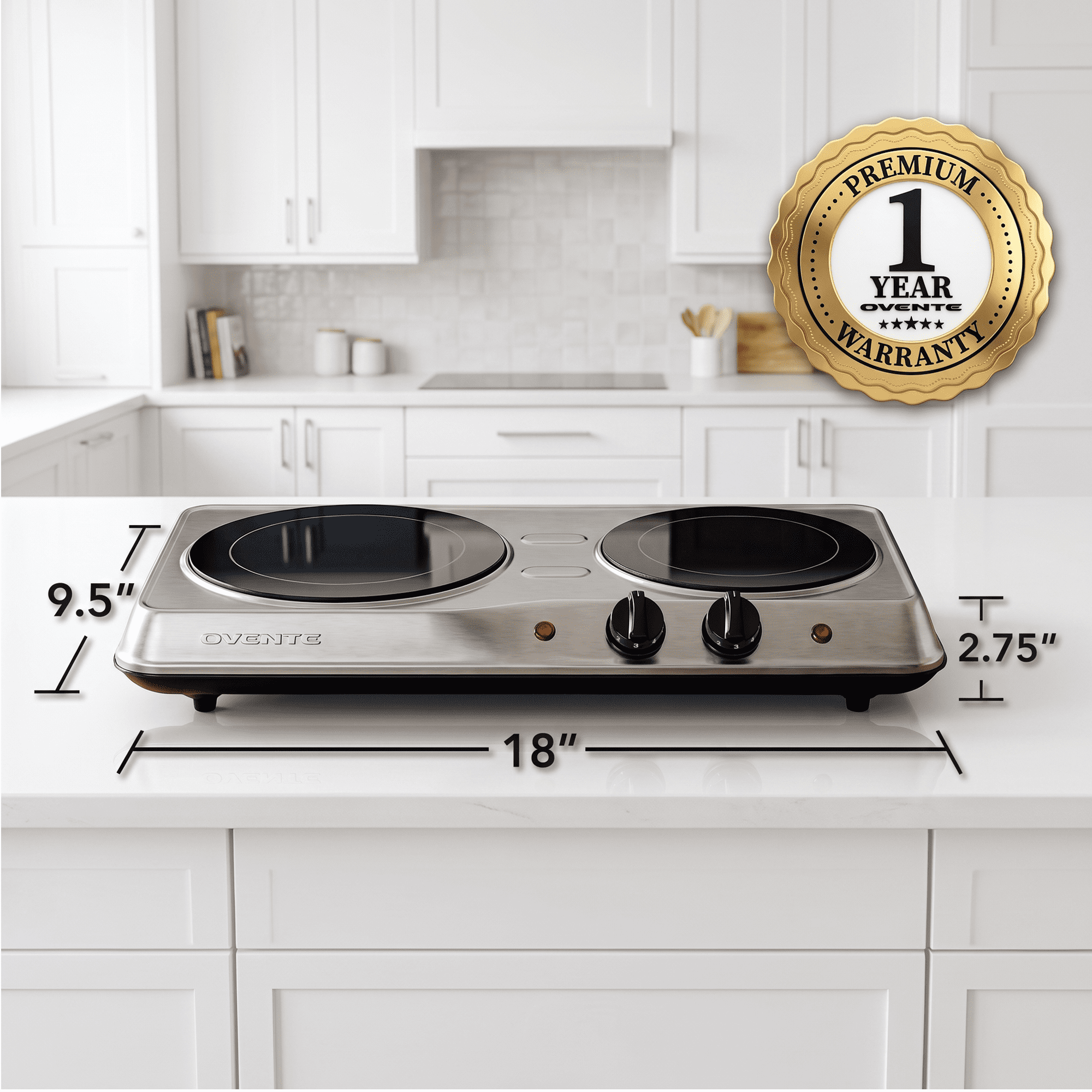 OVENTE Electric Infrared Double Burner, 1700W Hot Plate, Silver BGI102S, Portable Stove with 7.75" and 6.75" Ceramic Glass Cooktop, 5 Level Temperature Setting and Easy to Clean Stainless Steel Base