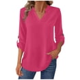thumbnail image 2 of YHAJDS Shirts for Women Solid Color V Neck Button Down Long Sleeve Blouse Pullover, 2 of 5