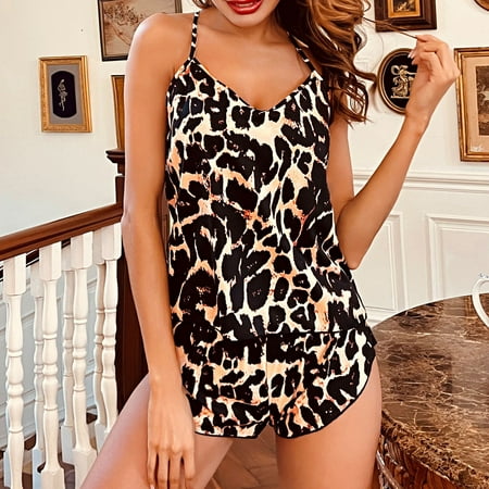 

V-neck suspenders + shorts loungewear set two-piece pajamas brown XL