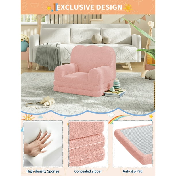 QinaQin Sofá cama infantil 2 en 1, sillón plegable con tela teddy fleece suave para toddlers, ideal para cuarto de juegos, guardería o como regalo práctico y cómodo