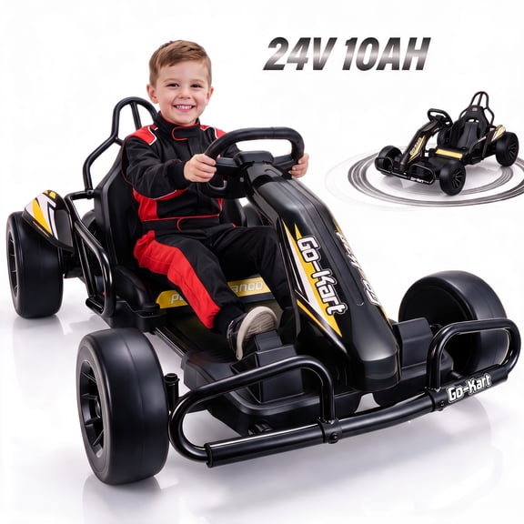 VIBESPARK Drift Go Kart, 24V 10AH Electric Go Kart for Kids Ages 6-14, 360° Drift Mode, Ride On Car with Backrest & Adjustable Seat, 300W Dual Motors, Max Speed 7.5mph/h, Black