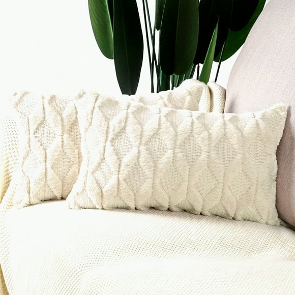 Luxury Plush Velvet Beige Throw Pillow Covers - Set of 2 | Soft Short Wool Decorative Cushion Cases 12x20 inch for Sofa Bedroom | Rectangular Style