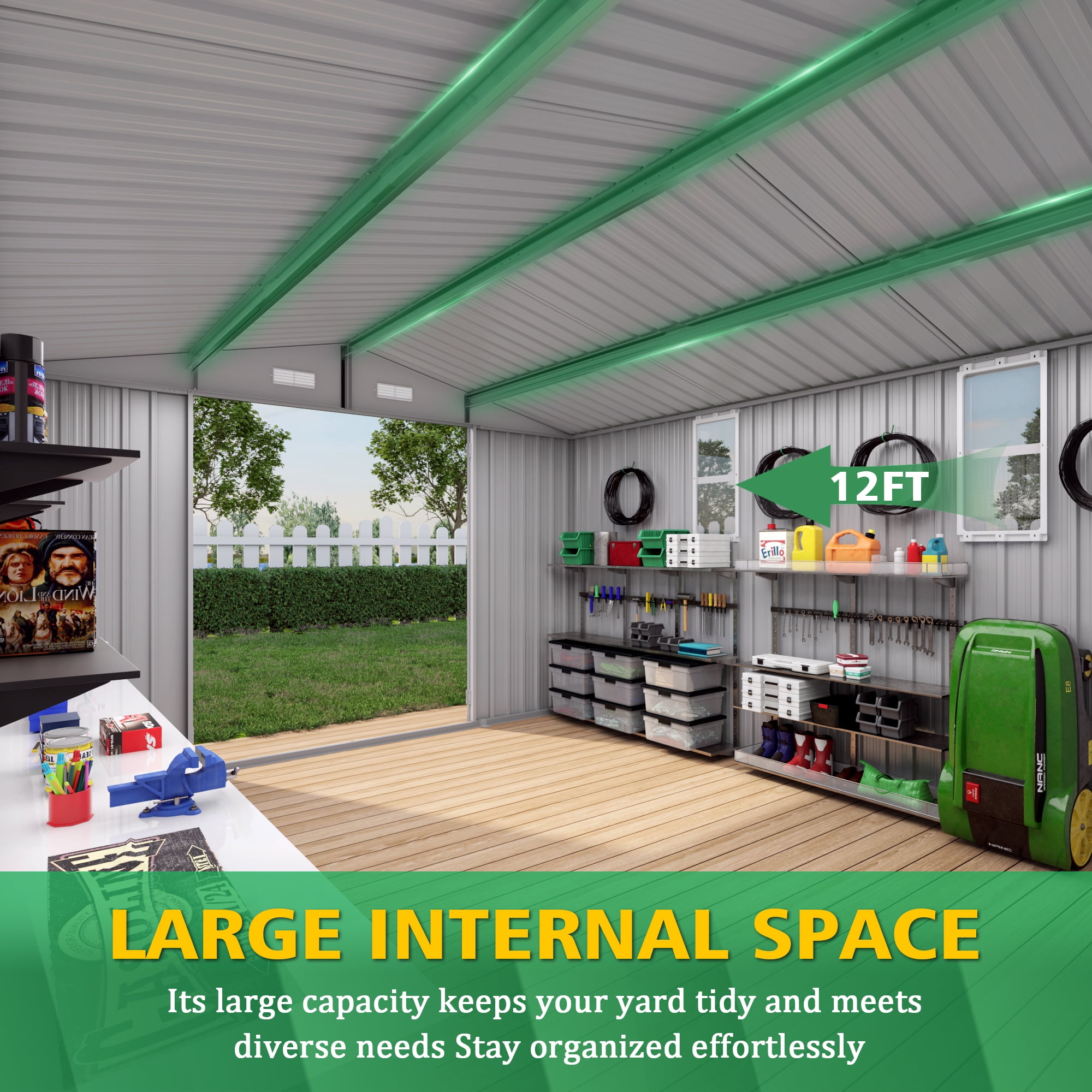10x12 FT Outdoor Metal Storage Shed with Double Doors & Two Windows, Large Waterproof Garden Shed for Lawn Mowers, Bike, Pool Equipment, Patio Furniture, Trash Bins, Backyard, Grey