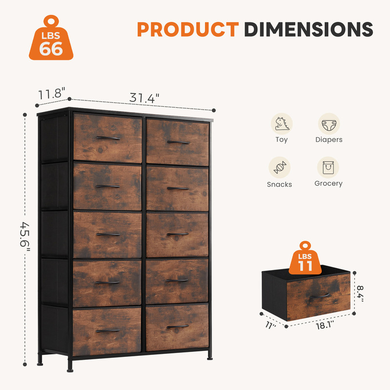 EDX Dresser for Bedroom with 10 Drawers, Tall Chest Organizer with Fabric Bins, Freestanding Storage Cabinet, Black-Brown