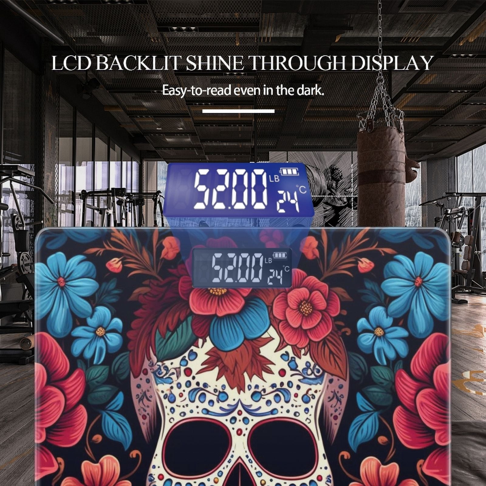 Bathroom Scale, Highly Accurate Digital Body Scale,Precisely Measures Weight up to 400 lbs-Intricate Skull Surrounded By Vibrant Flowers