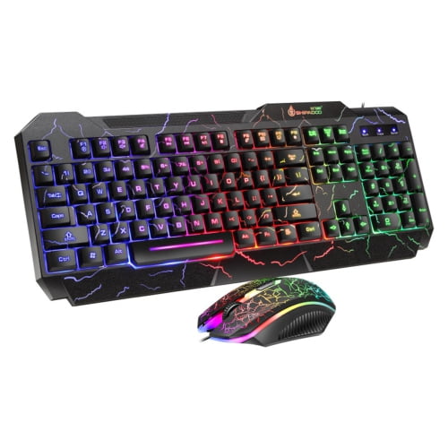 D620 Gaming Keyboard and Mouse Bundle Kit, Rainbow led Light effect Crack Backlit USB Computer Gaming Wired Keyboard and mice bundle set RGB LED Backlit 104 Keys and Mouse combo set