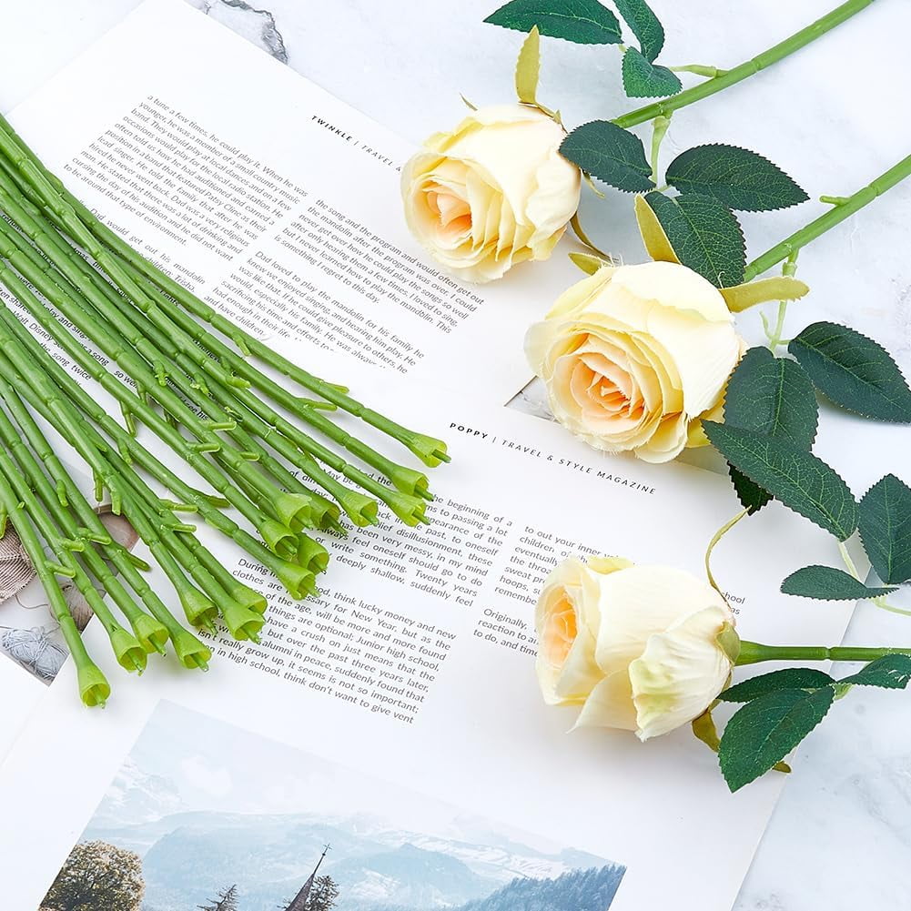 100Pcs 9.84inch Artificial Flower Stem Floral Wire Stem Plastic Rose Stem Floral Arranging Stem Wrap Green Flower Rod for Wedding Bouquets Flower Arrangement 100pcs