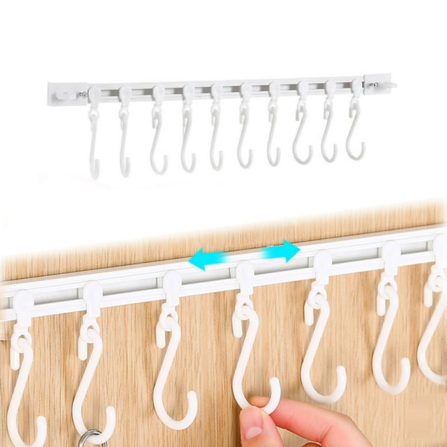 Huluwajiuyeye Multifunctional Slide Rail Hook Kitchen Utensil Hanging Rack Wall Mounted Hanger Space Saving Utensil Holder With 10 Hooks Sliding Track Hook No Drilling Hanger For Home Off Ice Door