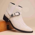 thumbnail image 2 of Men's Vintage Embroidered Western-Inspired Ankle Boots, Pointed Toe Elastic Side Slip-On Chelsea Boots with Decorative Buckle & Chain, Low Block Heel, 2 of 6