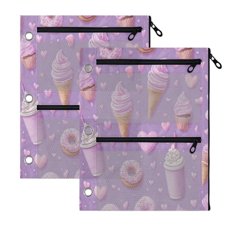 2 Pack 3-Ring Binder Pencil Pouch with Clear PVC Windows Cupcake and Hearts Art Large Capacity Stationery Bag for Classroom Office Supplies
