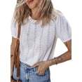 thumbnail image 2 of Women'S Pointelle Knit Short Puff Sleeve Crewneck Sweater - Casual and Stylish White L, 2 of 9