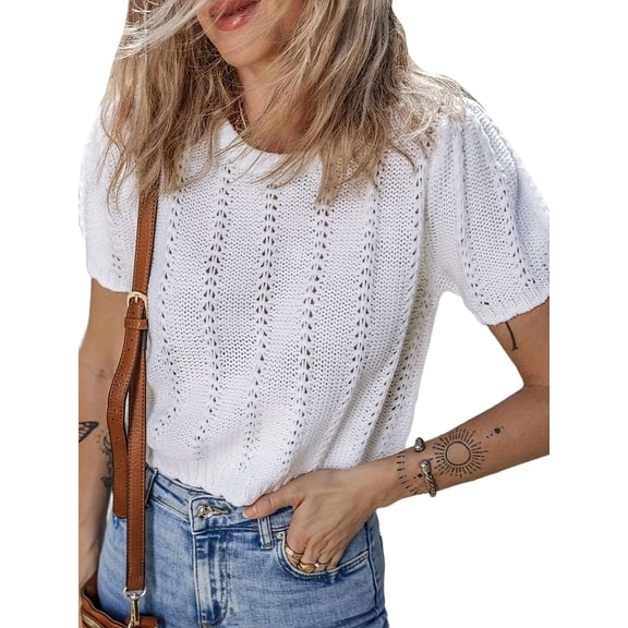 Women'S Pointelle Knit Short Puff Sleeve Crewneck Sweater - Casual and Stylish White L