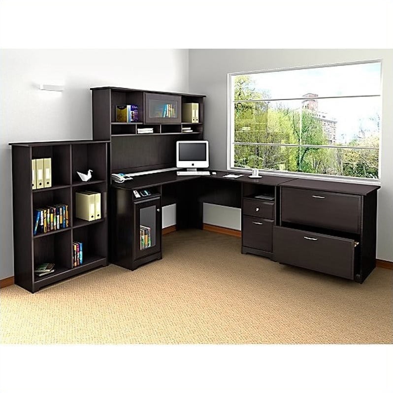 Bush Cabot 4 Piece L Shaped Computer Desk Office Set In Espresso Oak