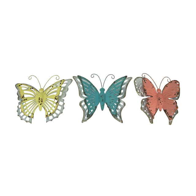 Set of 3 Distressed Finish Metal Butterfly Wall Hangings Galvanized Zinc Accents