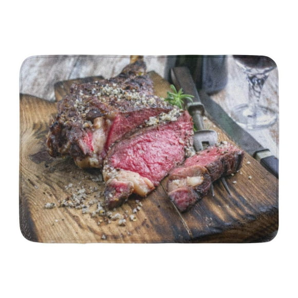 YUSDECOR Angus Brown Beef Barbecue Dry Aged Wagyu Tomahawk Steak As Close Up on Cutting Board Red American Rug Doormat Bath Mat 23.6x15.7 inch