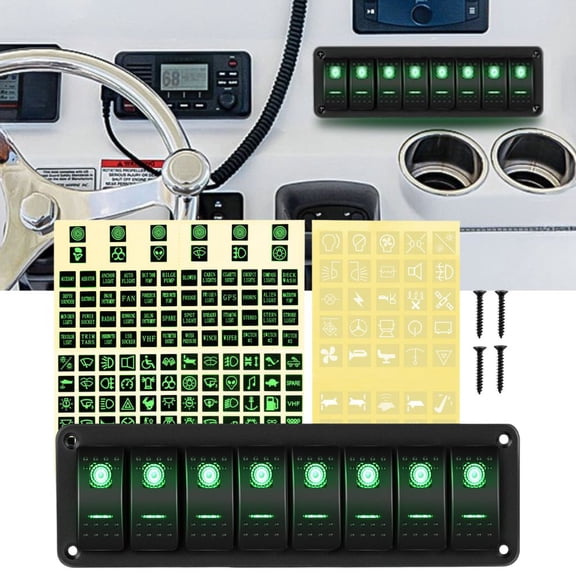 Waywe 8 Gang Rocker Switch Panel 5Pin On Off Toggle Switch Aluminum Holder 12V 24V Dash Pre-Wired Green Backlit Switches for Automotive Cars Marine Boats RVs Truck