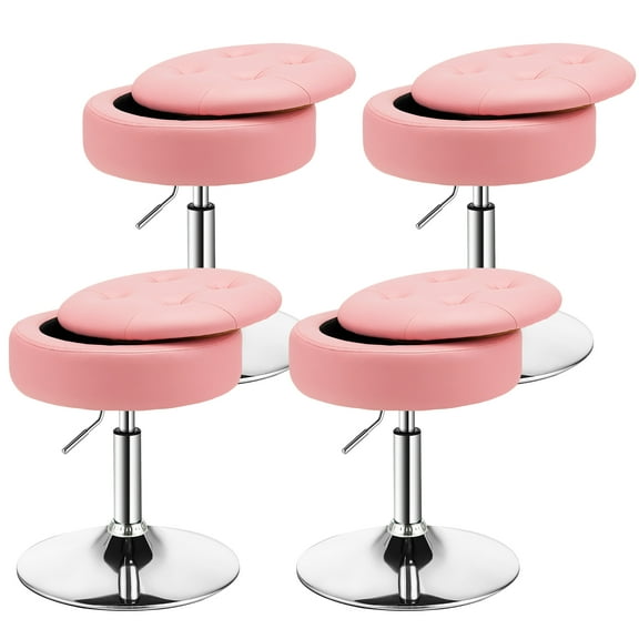 Costway Set of 4 Adjustable Vanity Stool 360° Swivel Storage Makeup Chair with  Tray Pink