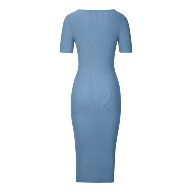 plain bodycon midi dress Womens Short Sleeve V Neck Knit Ribbed Summer Split Pencil Dress Elegant Party Dress colorgrp-50123 Baby Blue Princess Off-shoulder Size:PH L casual wear