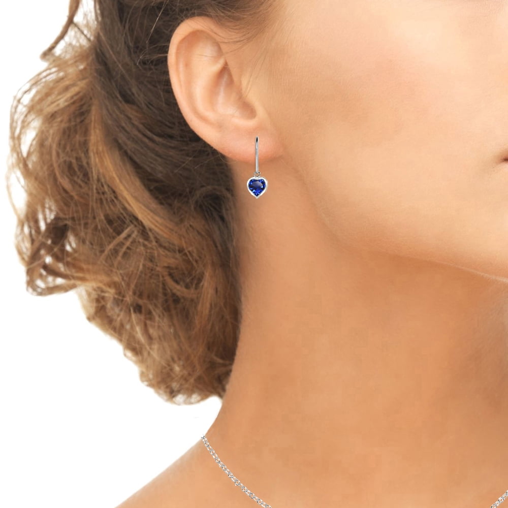 Created Blue Sapphire 6mm Heart Bezel Dangle Leverback Earrings in Sterling Silver