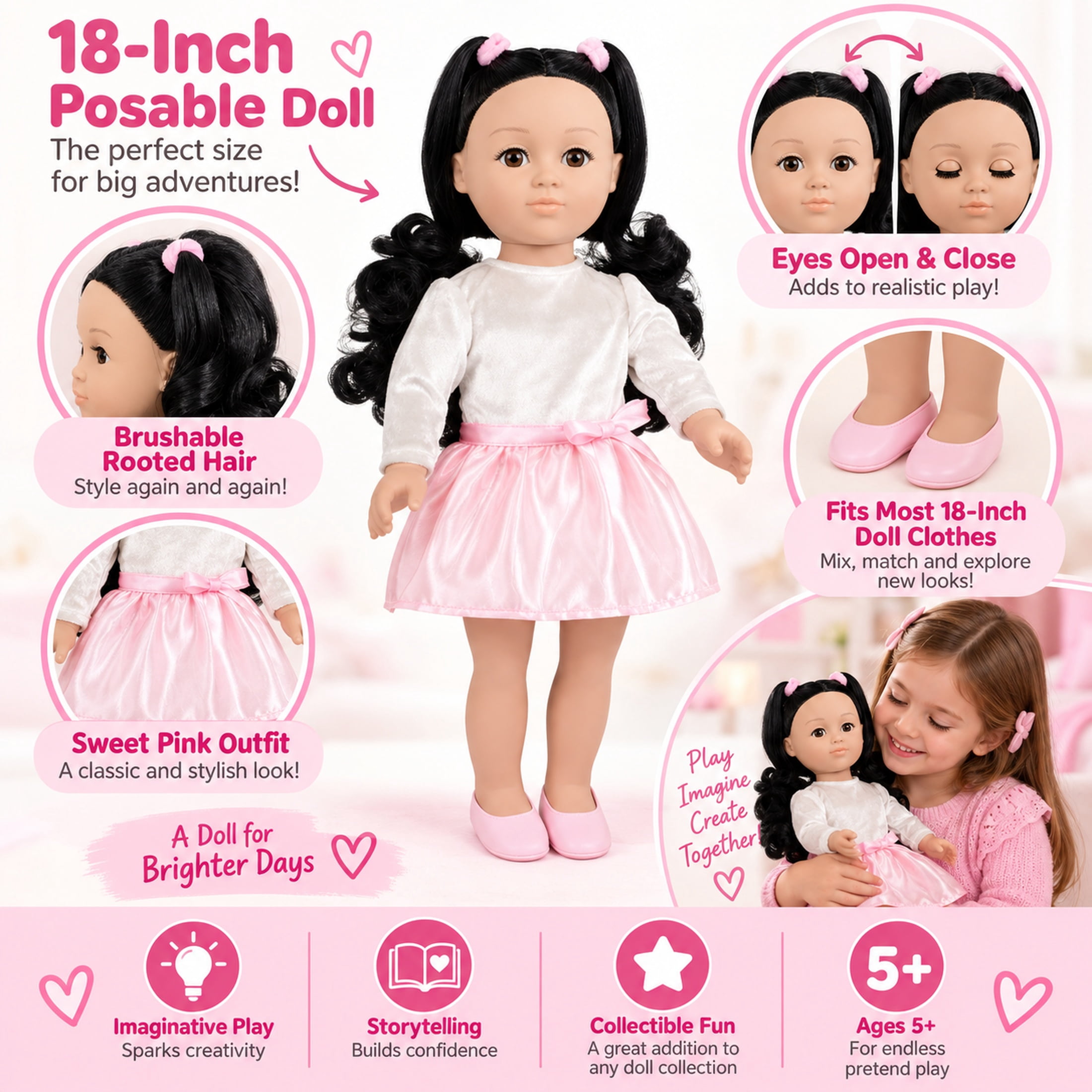 My Life As Quinn 18-Inch Posable Fashion Doll with Black Hair, Brown Eyes, Pink Dress, Shoes & Hair Ties