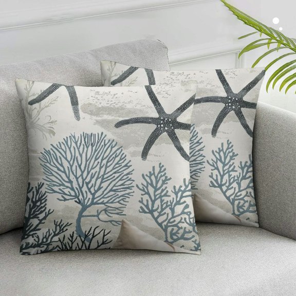 Acheng Nautical Coastal Throw Pillow Covers Beach Themed Ocean Seashell Coral Starfish Couch Decorative Pillow Cases Outdoor Sofa Cushion Cover for Bedroom Living Room, Blue,Set of 2 White