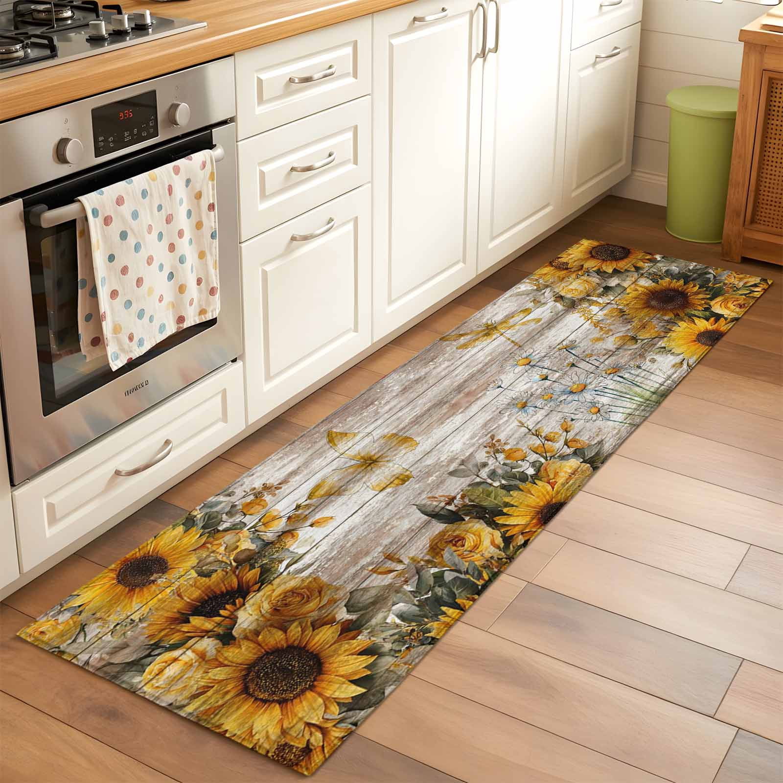 Runner Rug 2'x6', Farmhouse Sunflower Washable Non-Slip Hallway Runner Rugs, Vintage Daisy Butterflies Rustic Wood Bedside Rugs Floor Mats Carpet Runners for Kitchen Bathroom Laundry Room