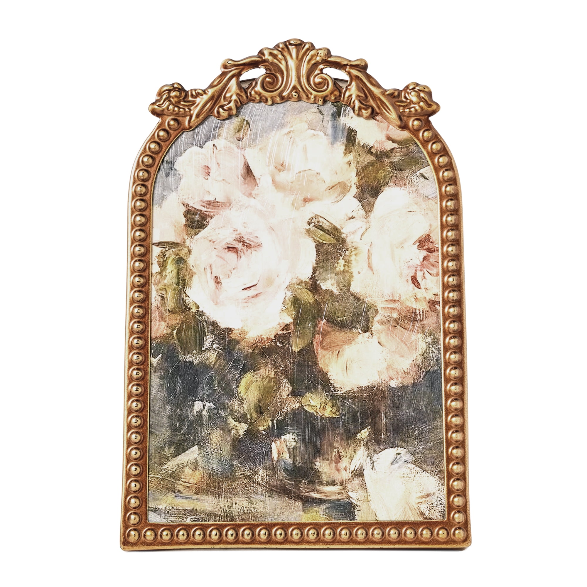 Crystal Art Gallery Metro Beaded Ornate Arched Filigree Tabletop Wall Art – Gold Framed Floral Still Life Print by Charles Hermans, Decorative Vintage Rose Art for Shelf, Dresser, or Mantel, 6x8