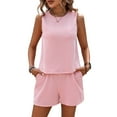 thumbnail image 2 of Womens Summer 2 Piece Outfits Vacation Casual Trendy Shorts Matching Sets Striped Print Crew Neck Sleeveless Tank Tops Casual Outfits 2024 Shorts Sets G-Pinks, 2 of 9