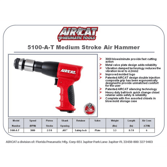 AIRCAT Pneumatic Tools 5100-A-T: .401-Inch Shank Composite Medium Stroke Air Hammer 3,000 BPM - Hammer