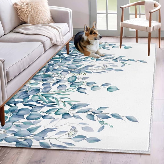 3'x5' Rug for Living Room Bedroom, Eucalyptus Leaves Washable Area Rugs Non-Slip Carpet Mats, Light Blue Summer Botanical Weeping Indoor Low Pile Area Rug Runner for Kitchen, Mudroom
